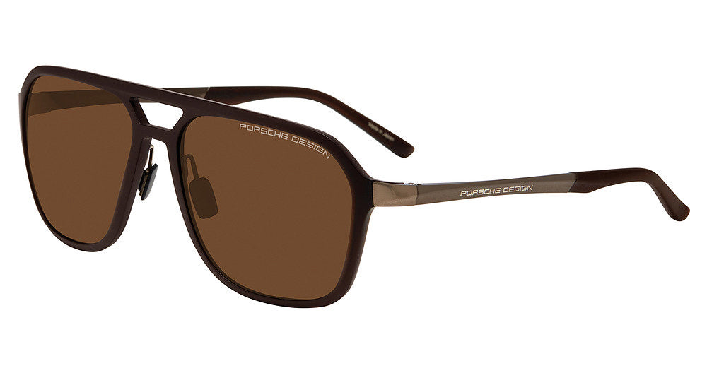 Porsche Design P86003 men's full-rim navigator sunglasses in Dark Brown Brwn, with brown lenses, contrasting branded temples and dark brown tips.

