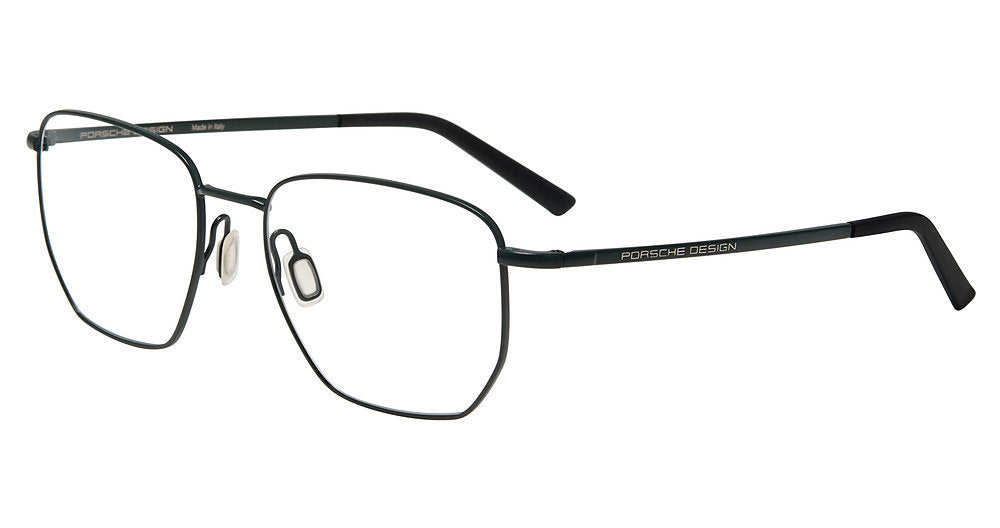 Porsche Design P81003 men's geometric full-rim eyeglasses in Dark Green Black, with dark green rims, slim temples and black tips.

