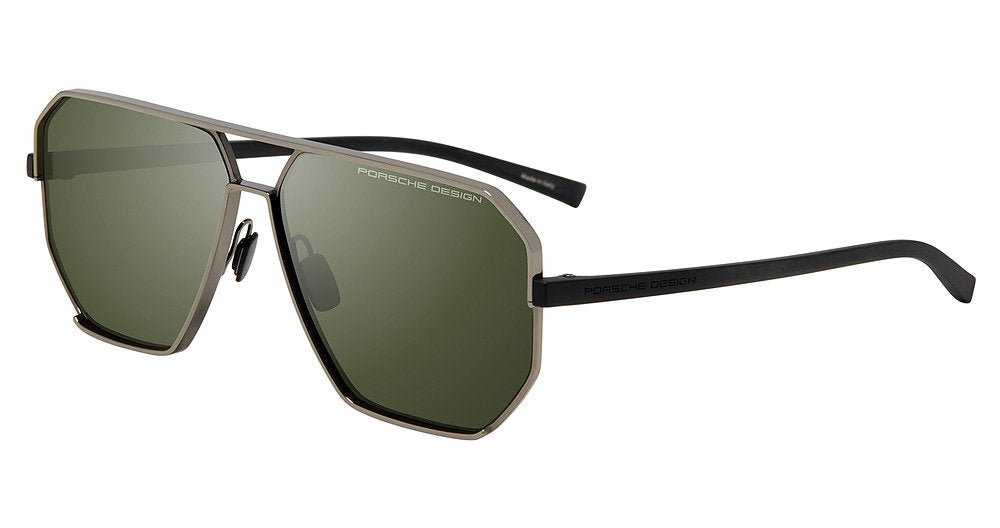 Porsche Design P8995 men's full-rim navigator sunglasses in Dark Grey Black, with olive-toned lenses, angular rims, a double bridge and black temples.

