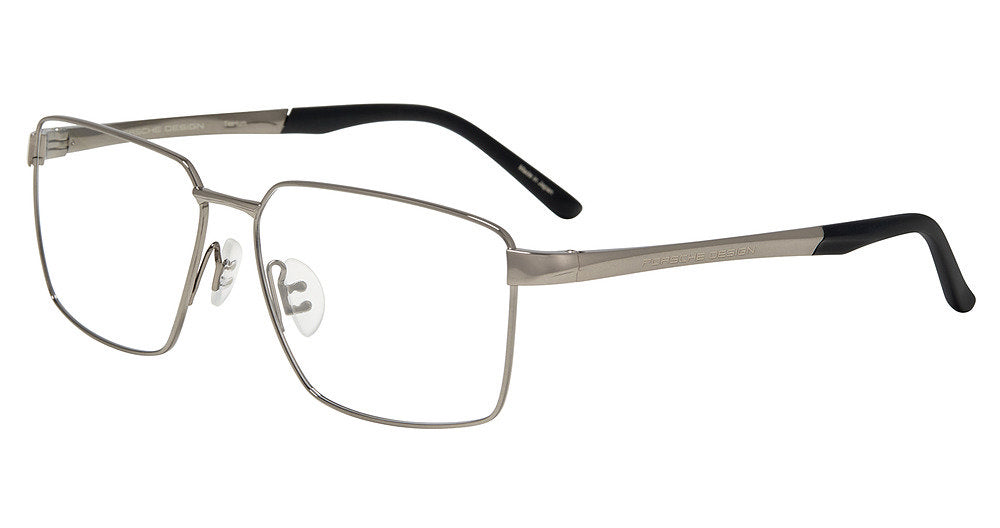 Porsche Design P81004 men's square full-rim eyeglasses in Dark Grey Black, with gray-tone rims and temples, black tips and separate nose pads.

