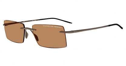 Porsche Design P86018 men's square metal sunglasses in Dark Grey Brown, with brown lenses, exposed lens edges and slim dark gray temples.

