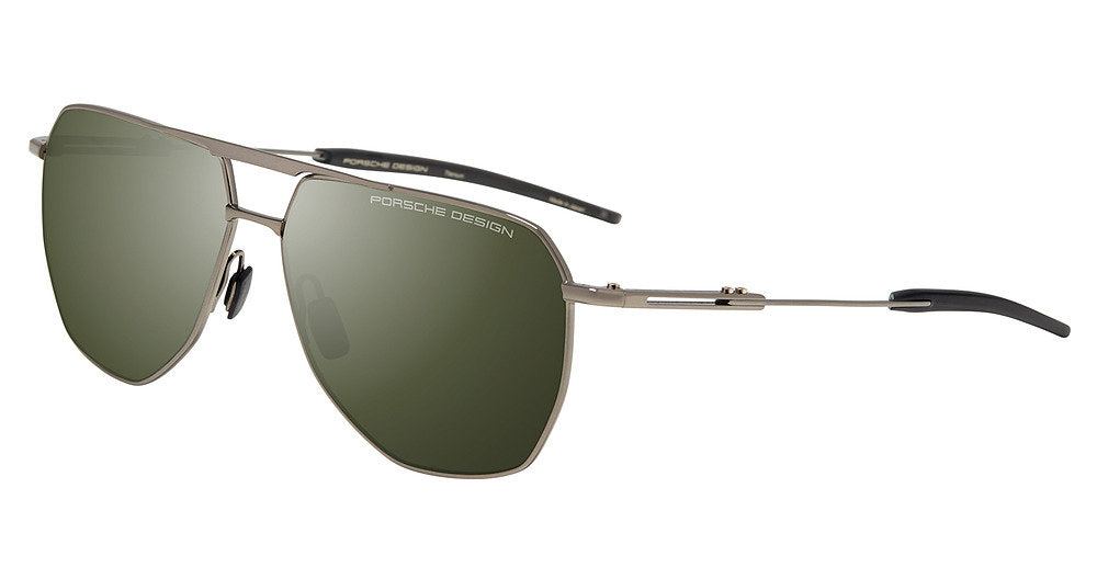 Porsche Design P86005 men's full-rim navigator sunglasses in Dark Grey Green, with olive-green lenses, a double bridge and slim gray-tone temples with dark tips.


