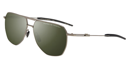 Porsche Design P86005 men's full-rim navigator sunglasses in Dark Grey Green, with olive-green lenses, a double bridge and slim gray-tone temples with dark tips.

