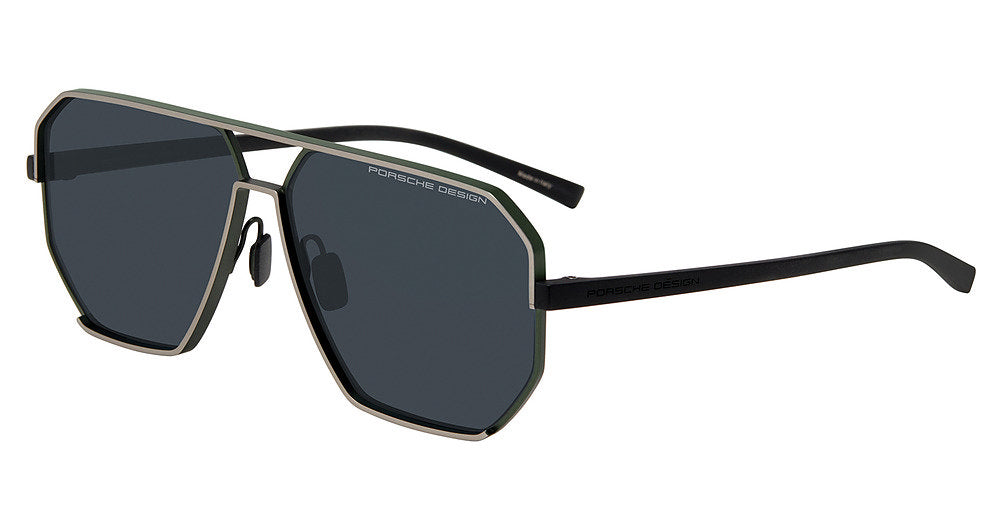 Porsche Design P8995 men's full-rim navigator sunglasses in Dark Grey Green, with dark blue-gray lenses, angular rims, a double bridge and black temples.

