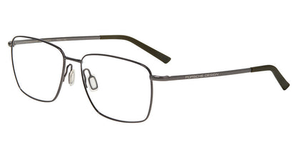 Porsche Design P81001 men's square full-rim eyeglasses in Dark Grey Olive, with fine dark gray rims, olive temple tips and separate nose pads.

