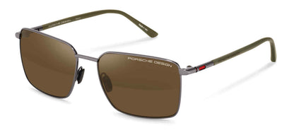 Porsche Design P8973 men's square titanium sunglasses in Dark Gray Olive with brown lenses, olive temples and a small red side accent.

