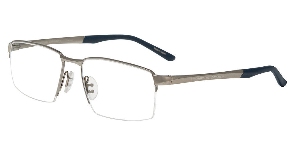 Porsche Design P81005 men's square semi-rimless eyeglasses in Dark Grey, with gray-tone upper rims and temples, dark tips and separate nose pads.

