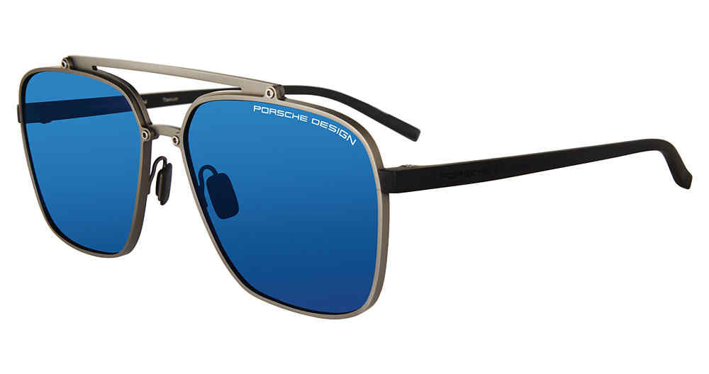 Porsche Design P8937 men's navigator sunglasses in Dark Gun BLA with a dark gunmetal-tone front, blue reflective-looking lenses, straight top bar and black temples.


