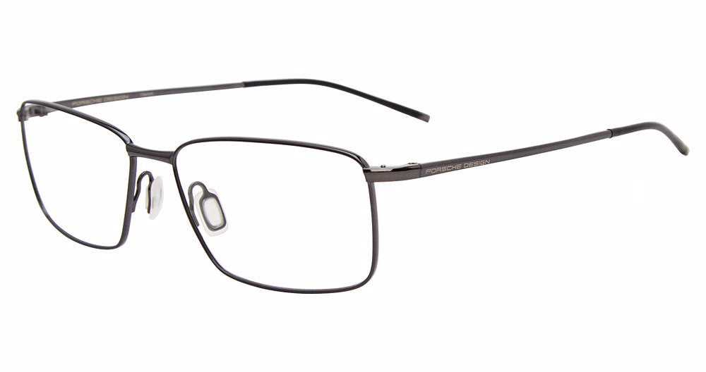 Porsche Design P8364 men's square titanium eyeglasses in Dark Gun, with fine full rims, adjustable nose pads, slim temples and dark curved tips.

