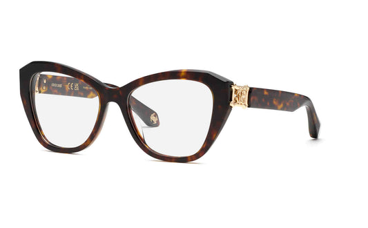 Roberto Cavalli VRC099 women's geometric plastic eyeglasses in Dark Havana with full rims, angular corners, and gold-tone temple accents.

