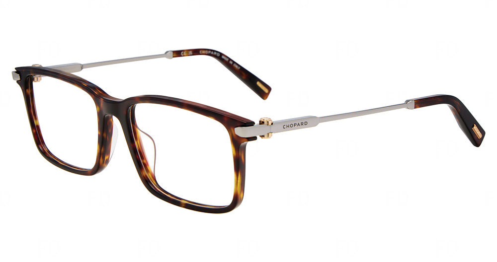 Chopard VCH437 men's square plastic eyeglasses in Dark Havana with silver-tone temples.

