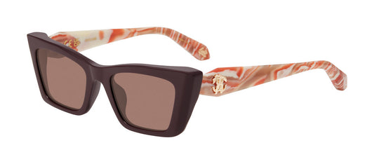 Roberto Cavalli SRC169M women’s cat-eye sunglasses in Full Bordeaux with warm marbled temples and decorative logo details.

