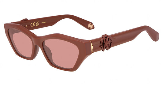 Roberto Cavalli SRC190 women's geometric plastic sunglasses in Full Brown, with rose-tinted lenses and sculpted temple monograms.

