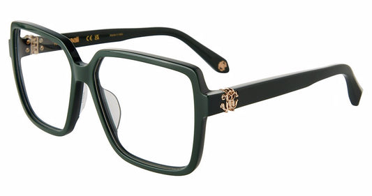 Roberto Cavalli VRC050M women's square full-rim eyeglasses in Full Green, with gold-tone temple monograms.

