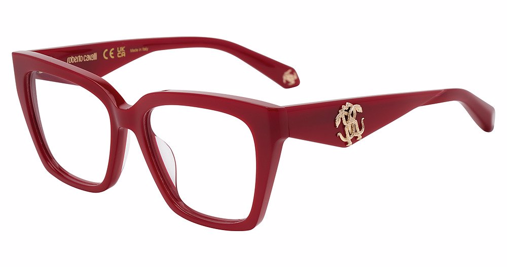 Roberto Cavalli VRC112 women's butterfly plastic eyeglasses in Full Red with full rims, defined upper corners, and gold-tone temple emblems.

