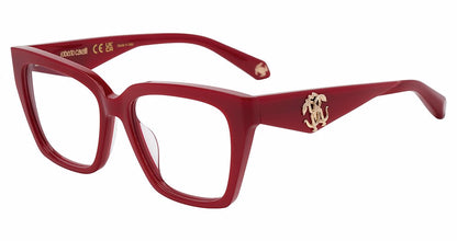 Roberto Cavalli VRC112 women's butterfly plastic eyeglasses in Full Red with full rims, defined upper corners, and gold-tone temple emblems.

