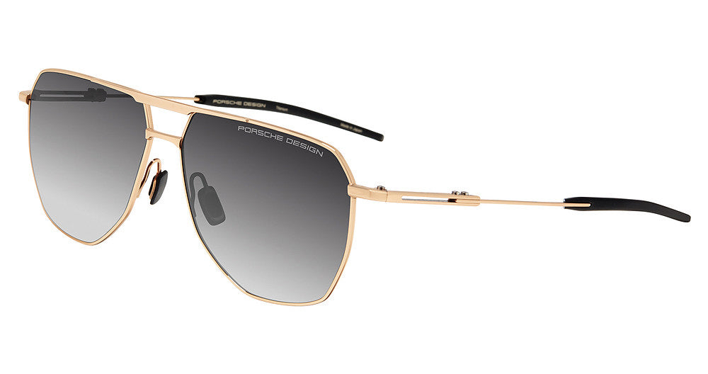 Porsche Design P86005 men's full-rim navigator sunglasses in Gold Black Grey Grad, with a gold-tone frame, gray gradient-looking lenses and black temple tips.

