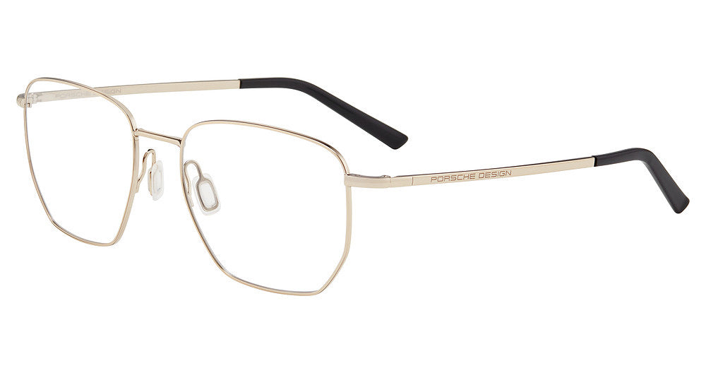 Porsche Design P81003 men's geometric full-rim eyeglasses in Gold Black, with fine gold-tone rims, angled lower corners and black temple tips.

