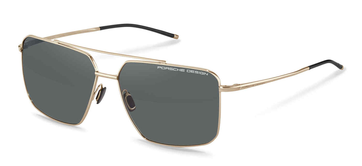 Porsche Design P8936 men's square sunglasses in Gold Black with slim gold-tone rims, a double bridge and dark gray lenses.

