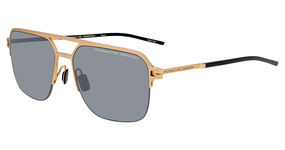 Porsche Design P86015 men's navigator metal sunglasses in Gold Black, with a gold-tone front, gray lenses, a double bridge and dark temples.

