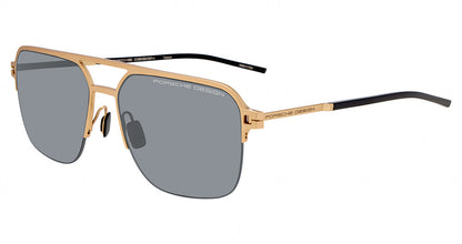 Porsche Design P86015 men's navigator metal sunglasses in Gold Black, with a gold-tone front, gray lenses, a double bridge and dark temples.

