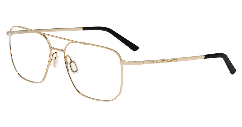 Porsche Design P81002 men's navigator full-rim eyeglasses in Gold Black, with a gold-tone double bridge, slim temples and black tips.

