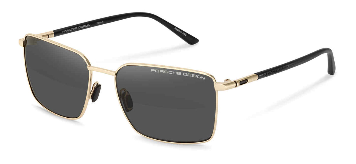 Porsche Design P8973 men's square titanium sunglasses in Gold Black with gray lenses, a slim gold-tone front and black branded temples.

