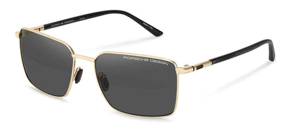 Porsche Design P8973 men's square titanium sunglasses in Gold Black with gray lenses, a slim gold-tone front and black branded temples.


