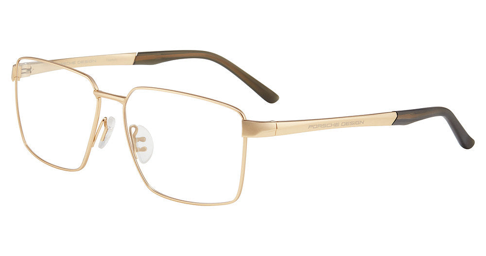 Porsche Design P81004 men's square full-rim eyeglasses in Gold Olive, with gold-tone rims and temples, olive-tone tips and separate nose pads.


