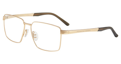Porsche Design P81004 men's square full-rim eyeglasses in Gold Olive, with gold-tone rims and temples, olive-tone tips and separate nose pads.

