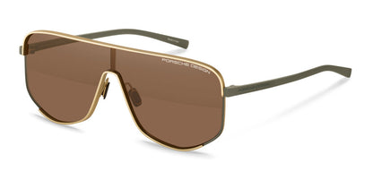 Porsche Design P86007 men's shield sunglasses in Gold Olive Brown, with a brown shield, gold-tone outline and olive temples.

