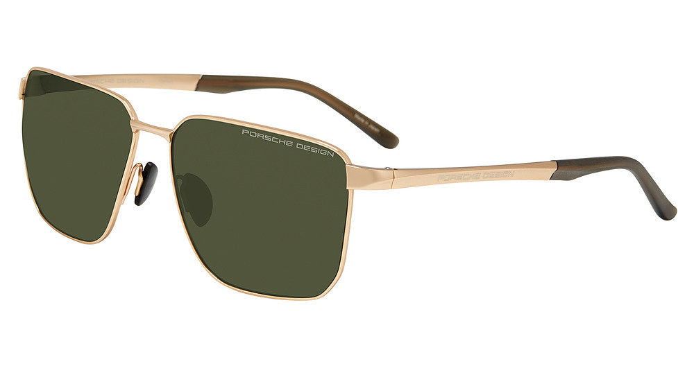 Porsche Design P86004 men's full-rim square titanium sunglasses in Gold Olive, with a gold-tone frame, olive-green lenses and dark temple tips.


