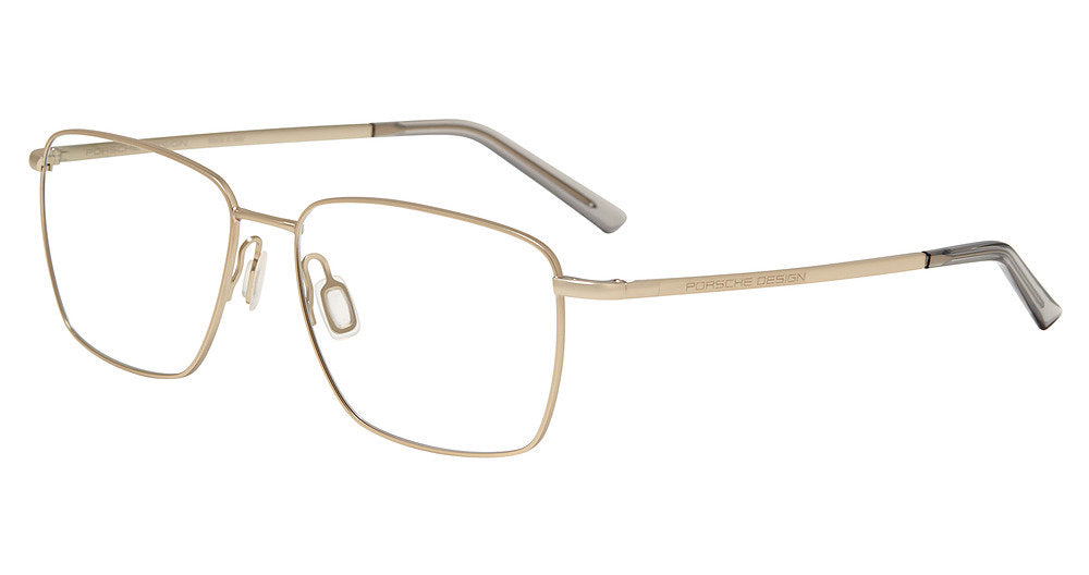 Porsche Design P81001 men's square full-rim eyeglasses in Gold Trans Grey, with fine gold-tone rims and translucent gray temple tips.

