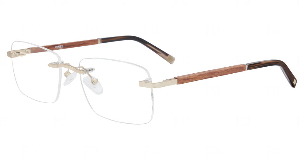  “Jones New York VJOM384 men's rectangle metal eyeglasses in Gold — 3-piece screw rimless construction.”⠋