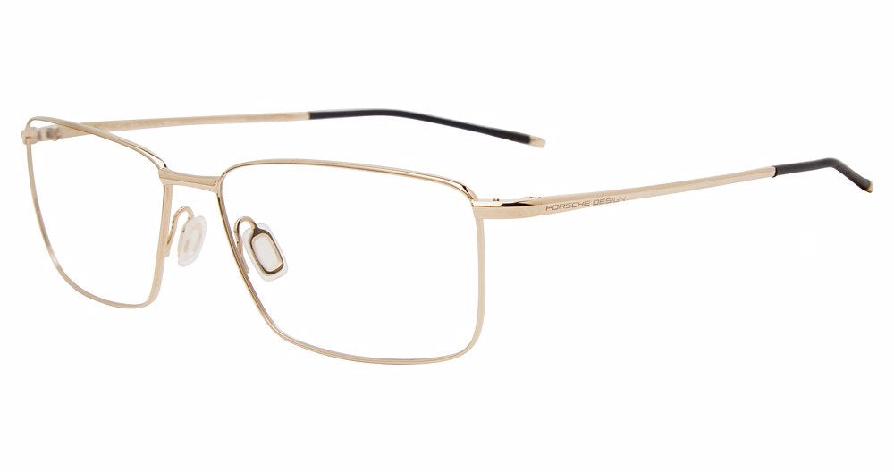 Porsche Design P8364 men's square titanium eyeglasses in Gold, with fine gold-tone full rims, adjustable nose pads and dark temple tips.

