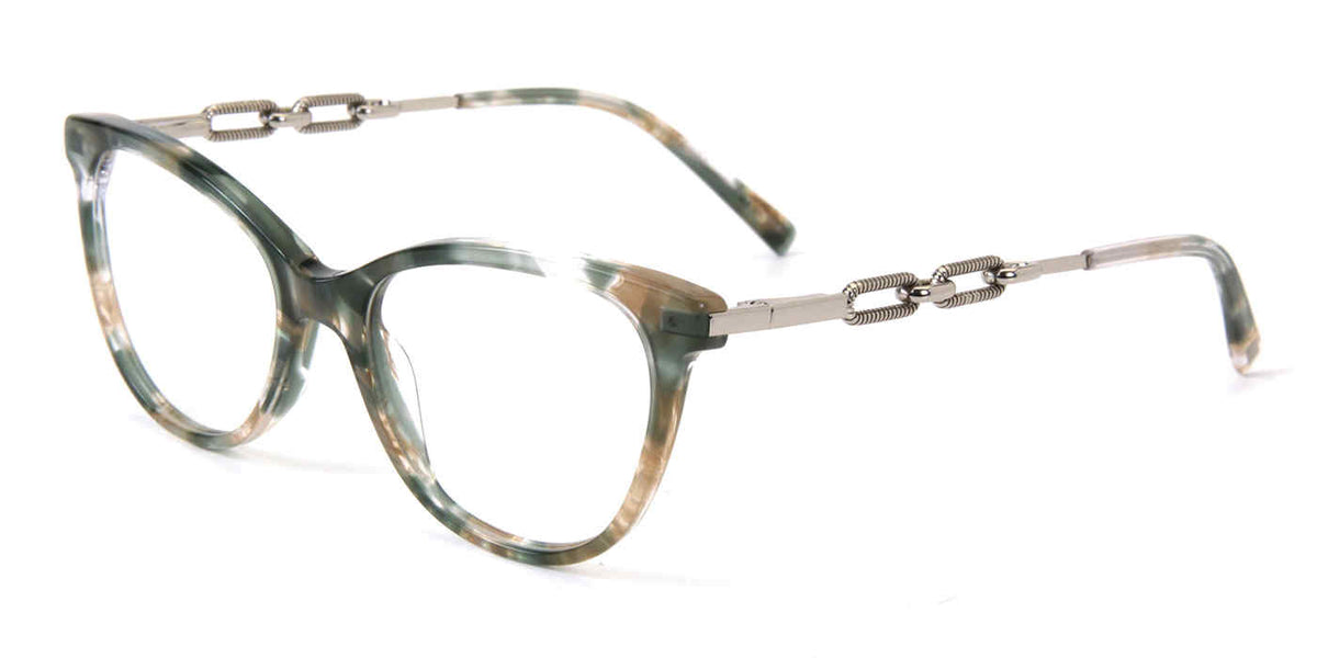 Jones New York VJOP254 Cat Eye Eyeglasses in Green Havana — women's full-rim acetate front with metal temples
