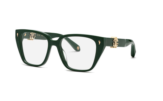Roberto Cavalli VRC046 women's butterfly full-rim eyeglasses in Green, with gold-tone temple monograms and front accents.

