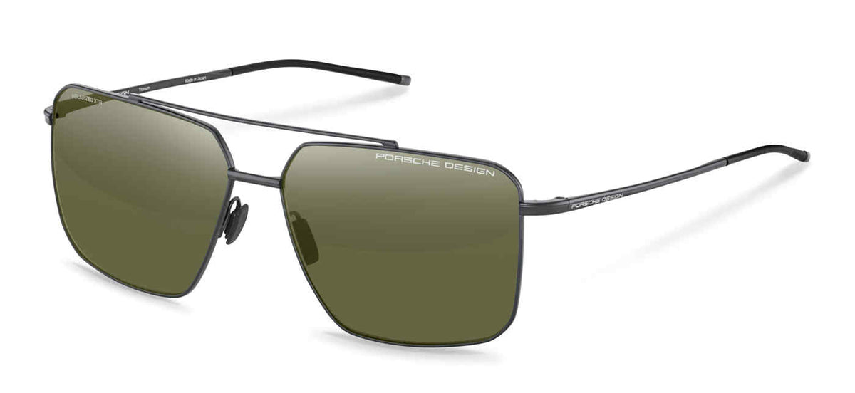 Porsche Design P8936 men's square sunglasses in Gray Black with slim dark rims, a double bridge and olive-toned lenses.

