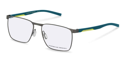 Porsche Design P8776 men's square eyeglasses in Grey Blue Metal, with a gray-tone front, teal-blue temples and yellow accents.

