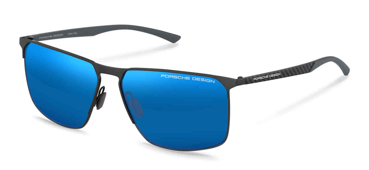 Porsche Design P8964 men's navigator full-rim sunglasses in Gray Blue with slim dark gray rims, blue reflective-looking lenses and branded temples.

