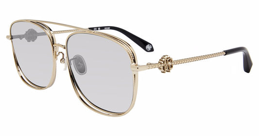 Roberto Cavalli SRC059M women's navigator metal sunglasses in Gray Gold with full rims, pale gray-looking lenses, textured temples, and dark temple tips.

