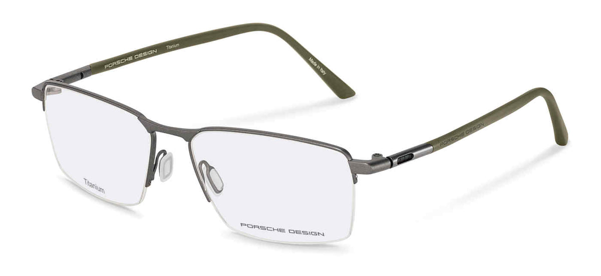 Porsche Design P8765 men's square titanium eyeglasses in Grey Olive Titanium, with a gray upper rim, olive temples and separate nose pads.

