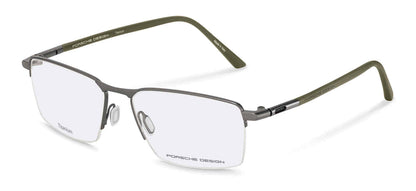 Porsche Design P8765 men's square titanium eyeglasses in Grey Olive Titanium, with a gray upper rim, olive temples and separate nose pads.

