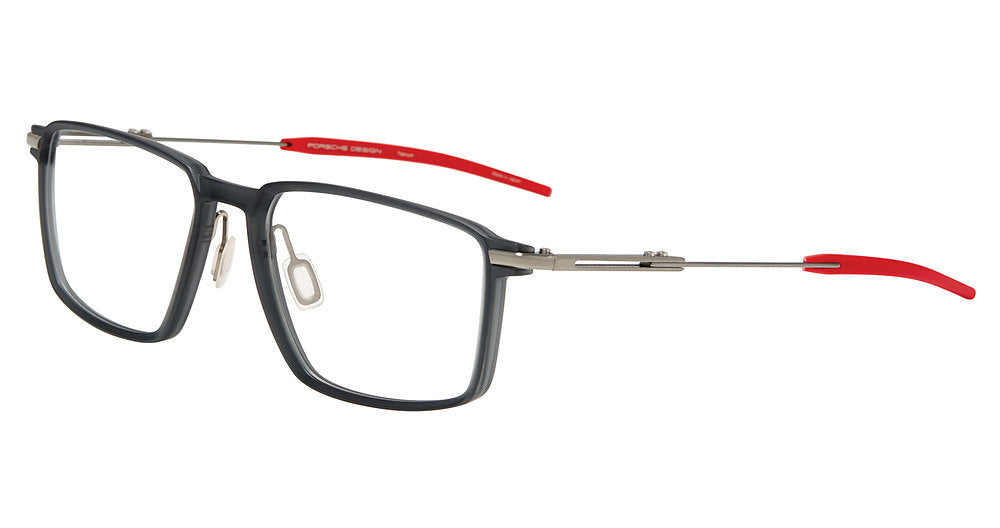 Porsche Design P81006 men's square full-rim eyeglasses in Grey Red, with a gray front, silver-tone temples, red tips and separate nose pads.

