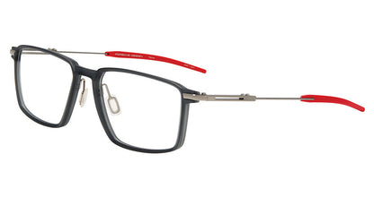 Porsche Design P81006 men's square full-rim eyeglasses in Grey Red, with a gray front, silver-tone temples, red tips and separate nose pads.

