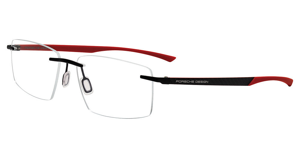 Black Red:
Porsche Design P8774 Eyeglasses in Black Red — men's rimless hinge-free frame
