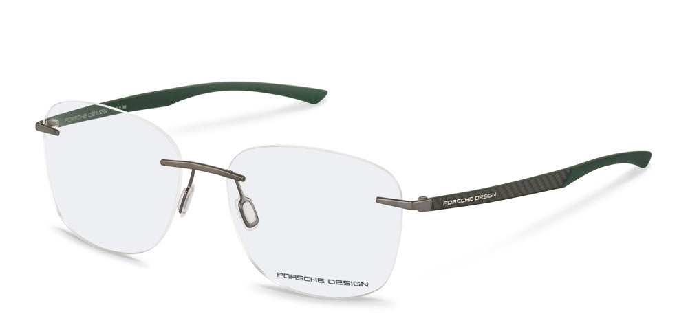 Dark Grey Dark Green:
Porsche Design P8774 Eyeglasses in Dark Grey Dark Green — men's rimless hinge-free frame
