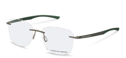 Dark Grey Dark Green:
Porsche Design P8774 Eyeglasses in Dark Grey Dark Green — men's rimless hinge-free frame

