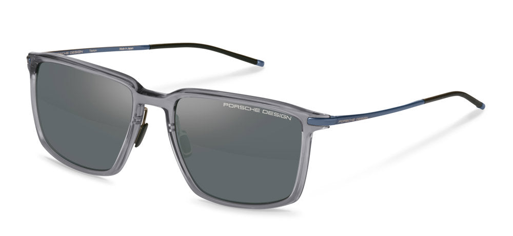 Porsche Design P8991 men's full-rim square sunglasses in Gunmetal W Blue Mirror, with a translucent gray front, dark lenses and blue-tone temple accents.

