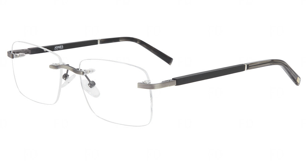 “Jones New York VJOM384 men's rectangle metal eyeglasses in Gunmetal — 3-piece screw rimless construction.”
